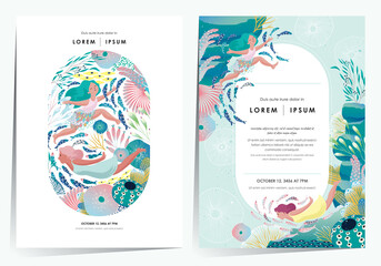  Vector illustration of a frame template design set with women swimming in a mysterious underwater world with various creatures. A cheerful and cool image for the summer season.    © Jung Suk hyun