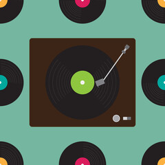 Seamless vinyl player and record pattern. Retro musical equipment technology background. Vector and illustration design.