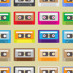 Seamless audio cassette tape pattern. 1980s retro technology background. Vector and illustration design.