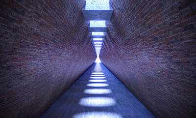 corridor with brick walls and skylights on the ceiling.