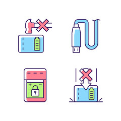 Powerbank for gadget user RGB color manual label icons set. Device vital components damage. Isolated vector illustrations. Simple filled line drawings collection for product use instructions