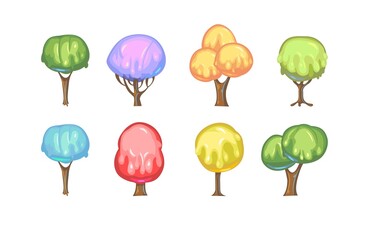 Set of fabulous sweet trees. For landscapes with multi-colored caramel, ice cream or jelly. Perspiration. Childrens fun illustration. Cartoon style. Vector.