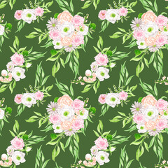 Watercolor floral seamless pattern with elegant bouquets. Blush and white flowers on green background. Repeated botanical print. Design for fabrics, textile, wallpaper, wrapping, scrapbook paper