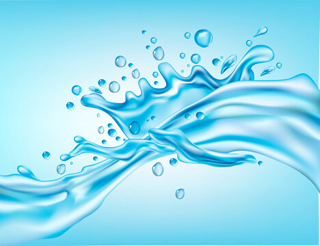 On a blue background, splashes of water with drops. 3d vector realistic illustration