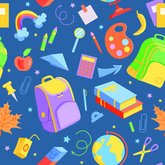 Pattern Back to School. Objects for school education on a blue background.