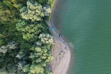Top down aerial view of th coastline. Dnister river. Western Ukraine.