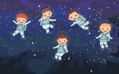 Fototapeta premium Astronauts kids in spacesuits. Illustretion. Cosmos background. Planets. Childrens illustration. Starry sky landscape. Dark colors. Flat style. Cartoon design. Vector