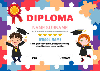 Diploma template for children graduation. Flat vector cartoon style