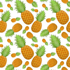 Pineapple seamless pattern on white background. Tropical fruit repeating endless texture. Yummy boundless background. Food surface pattern design. Editable tile for textile, stationery, wrapping paper
