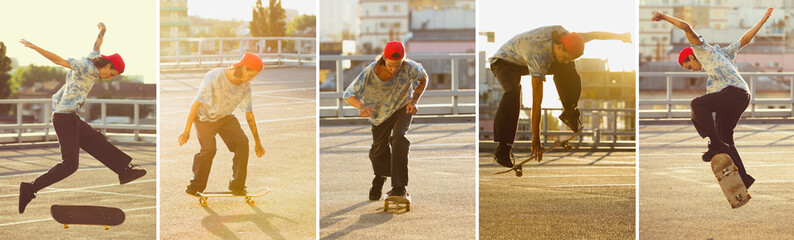 Skateboarder doing a trick at the city's street in sunny day. Young man in sneakers and cap riding...