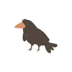 Cute black raven with linear hand drawn pattern. Wild bird for halloween, esoteric or mystical designs. Crow with big beak, funny animal, vector illustration.