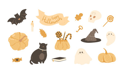 Halloween clipart set. Cute cat, bat, funny ghosts, treats, party decor, cauldron with sweets, lollipops, isolated pumkins, witch hat, skull, key, candle, witchcraft book, fall leaves. Vector stickers