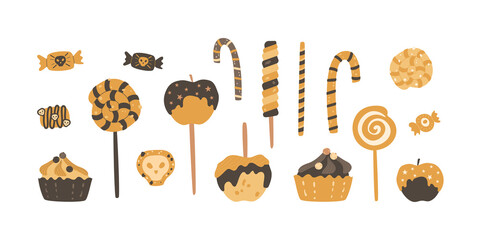 Halloween sweets. Cupcake, apple with caramel glaze, candy with eye or skull. Lollipops, cookies with chocolate chips. Party treats, vector stickers, holiday decor.