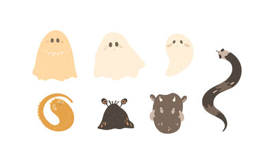 Monsters and ghosts set. Cute creatures for halloween stickers, decor, prints. Adorable ghosts, funny aliens, mystical snake. Kids vector illustration, clipart collection.