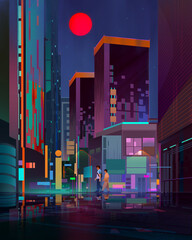 painted bright night cityscape with street and pedestrians - 450662973