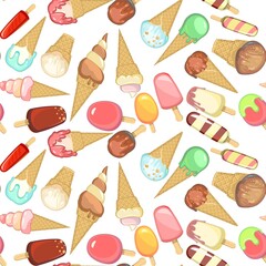 Fototapeta na wymiar Ice cream pattern seamless. Background illustration. Wallpaper print. In waffle glasses and cones. Popsicle on sticks. In a mess. Summer food sweet dessert. Flat design. Vector