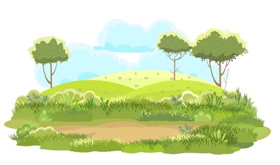 Fototapeta premium Glade. Amusing beautiful vegetation landscape. Sky. Cartoon style. Hills with grass and trees. Cool romantic pretty. Flat design background illustration. Isolated. Vector art