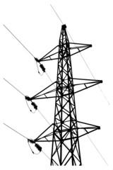 Black silhouette of High Voltage pole with wires insulated on white background. Industry. Vector illustration.  