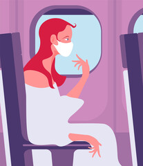 Vector illustration of a woman with an antivirus mask traveling sitting on the seat of an airplane l
