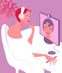 Vector illustration of a girl talking to a coworker or friend by video conference