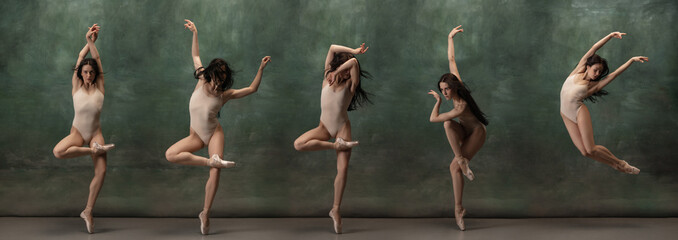 Young graceful tender ballerina on dark green studio background. Composite image of photos of flexible, emotive dancer.
