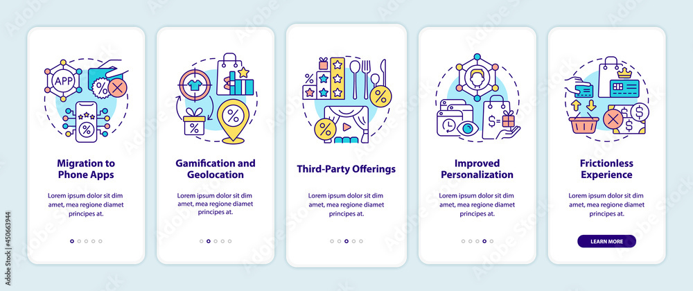 Wall mural loyalty programs trends onboarding mobile app page screen. bonus system tendencies walkthrough 5 ste