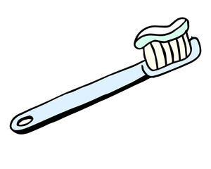 Colored doodle toothbrush with paste. Vector isolated on white background. Mouth hygiene supplies icon. Vector illustration in cartoon in doodle style.