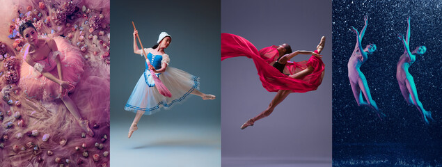 Collage of portraits of female ballet dancers dancing on studio background. Concept of art, theater, beauty and creativity. Theater performance - obrazy, fototapety, plakaty