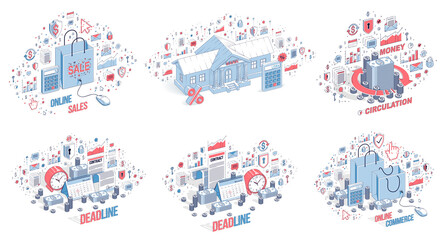 Different finance concepts illustrations 3D vector set isolated on white background, business and money conceptual designs collection, savings, bank, contract, income, safety, online.