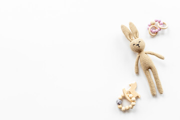 Baby wooden accessories with rabbit toy, top view