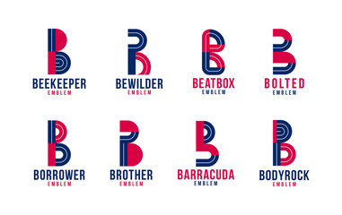 Letter b logo elements set, vector trendy retro initial, geometric monogram design symbol B.