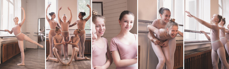 Composite image of photos of little girls, young ballerinas training near the ballet barre at...