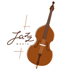 Fototapeta na wymiar Jazz music emblem or logo vector flat style illustration isolated, contrabass logotype for recording label or studio or musical band.