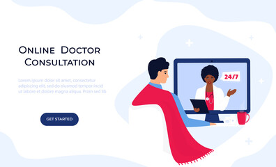 African American woman doctor consults online by video call on laptop. Telemedicine concept. Chat with a medical worker. Web page template