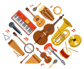 Music orchestra diverse instruments vector flat illustration isolated on white background, live sound concert or festival, musical band or orchestra playing and singing songs.