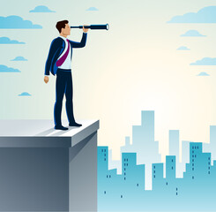 Businessman looking for opportunities in spyglass standing on top peak of mountain business concept vector illustration, successful young handsome business man searches new perspectives. - obrazy, fototapety, plakaty