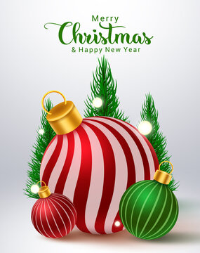 Christmas balls vector design. Merry christmas text with colorful xmas ball pattern element for holiday season ornament decoration background. Vector illustration
