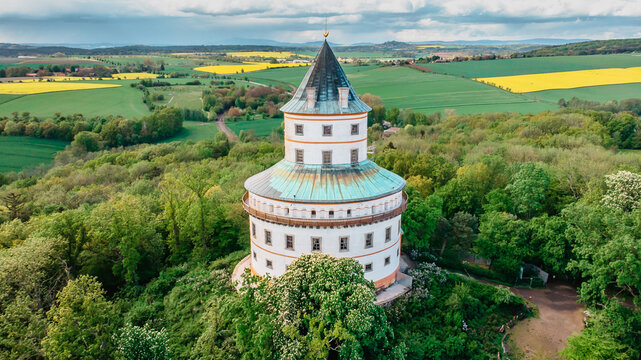 Aerial view of Humprecht Chateau surrounded by beautiful spring landscape,Czech Republic.Baroque castle used to be a hunting lodge.One of the symbols of the region called Czech Paradise.Tourist place