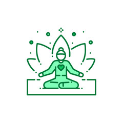 Faceless girl sitting meditation pose color line icon.