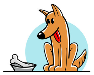 Funny cartoon dog sitting near his bowl satiated and happy vector flat style illustration isolated on white, cute and adorable domestic animal friend.