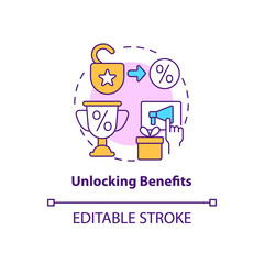 Unlocking benefits concept icon. Loyalty program gamification abstract idea thin line illustration. Earn bonuses and benefits for discount. Vector isolated outline color drawing. Editable stroke