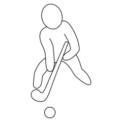 The athlete hits the ball with a stick. Sketch. Vector icon. Man plays field hockey team sport game. Isolated white background. Coloring book for children. Doodle style. Idea for web design.