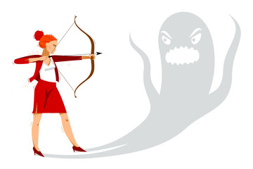 Business woman shooting her own shadow with a bow vector illustration, kill the fear, phobia concept.
