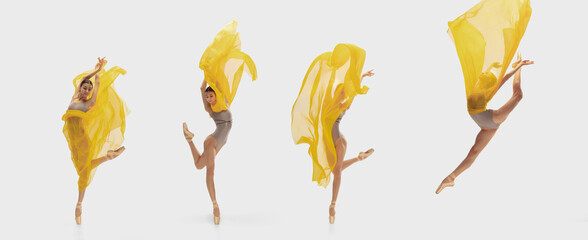 Collage of portraits of one young beautiful female ballet dancer with yellow fabric in action...