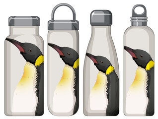 Set of different thermos bottles with penguin pattern