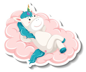 Cute unicorn laying on the cloud on white background