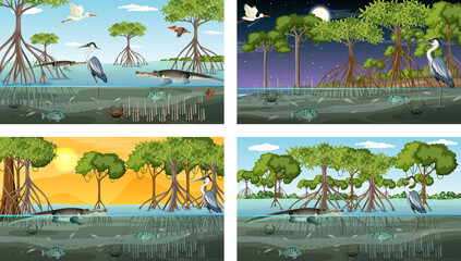 Different mangrove forest landscape scenes with animals
