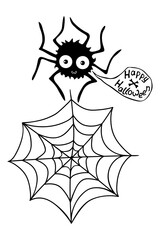 Vector cute spider with candy on the web in cartoon flat style isolated. Happy Halloween - lettering in speech bubble. For design template, greeting card, trick or treat