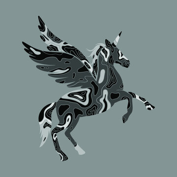 Unicorn illustration. Monochrome unicorn with wings
