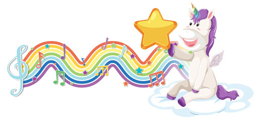 Unicorn sitting on the cloud with melody symbols on rainbow wave
